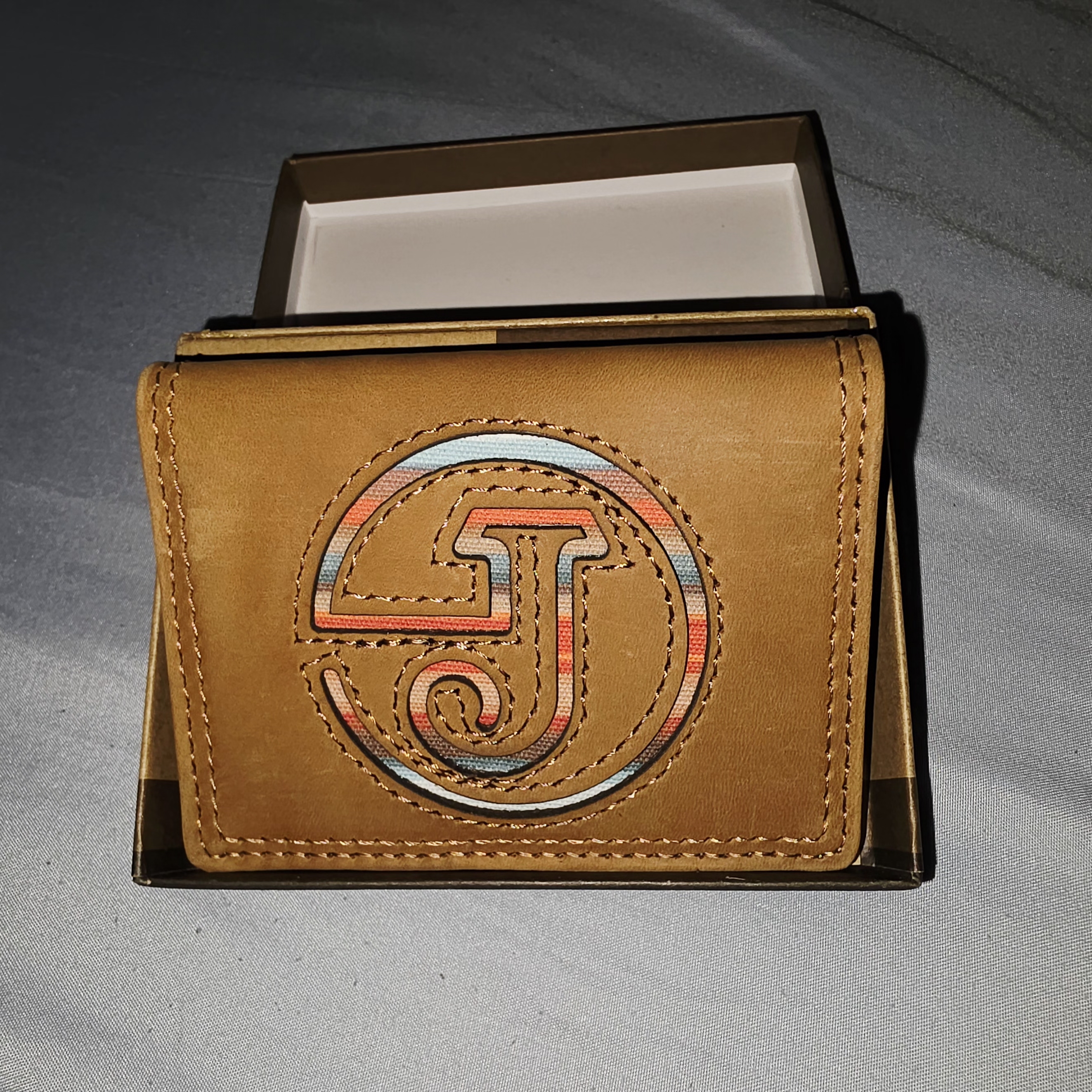 Brown Leather Card Holder With Embroidered Logo